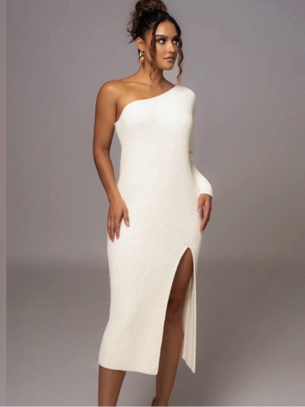 JLUXLABEL Cream One Shoulder Knit Maxi Dress Size XXL Ribbed Bodycon